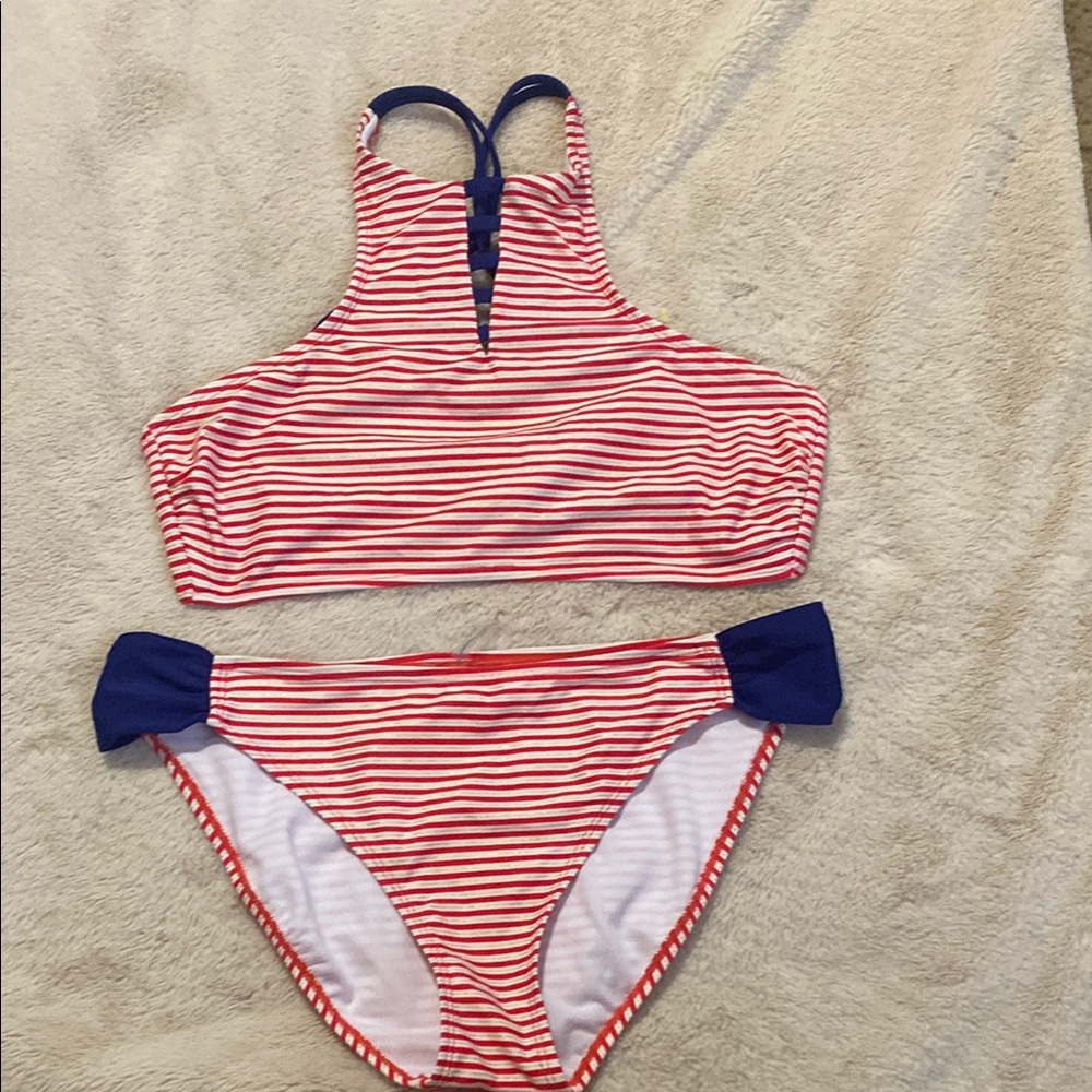 O’Rageous Red and White‎ Striped Bikini with Blue Accents